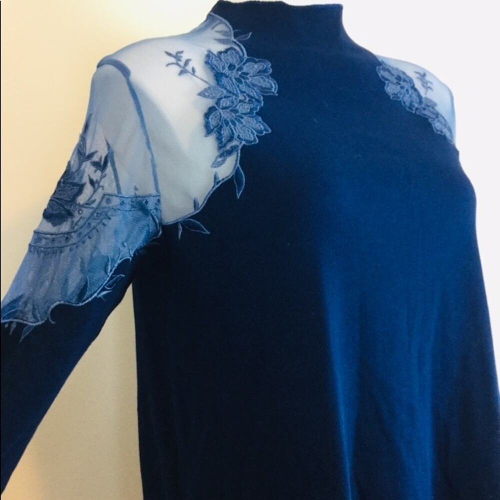Free People Blue Lace Shoulder Long Sleeve Top Medium - Picture 4 of 10